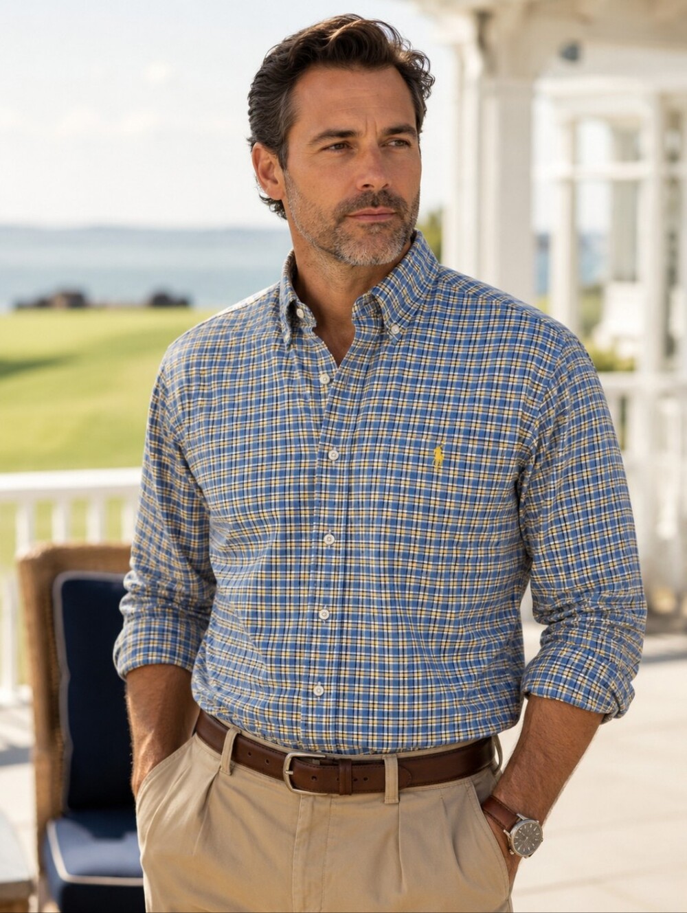 Ralph Lauren Custom Fit Blue Yellow Plaid Shirt L